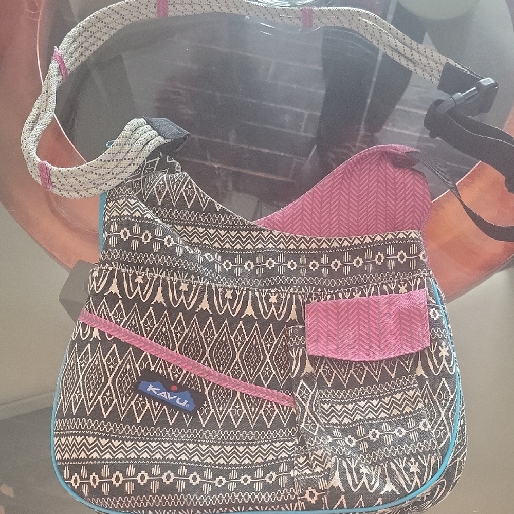 Kavu Black and Pink Crossbody Bag with Geometric Design